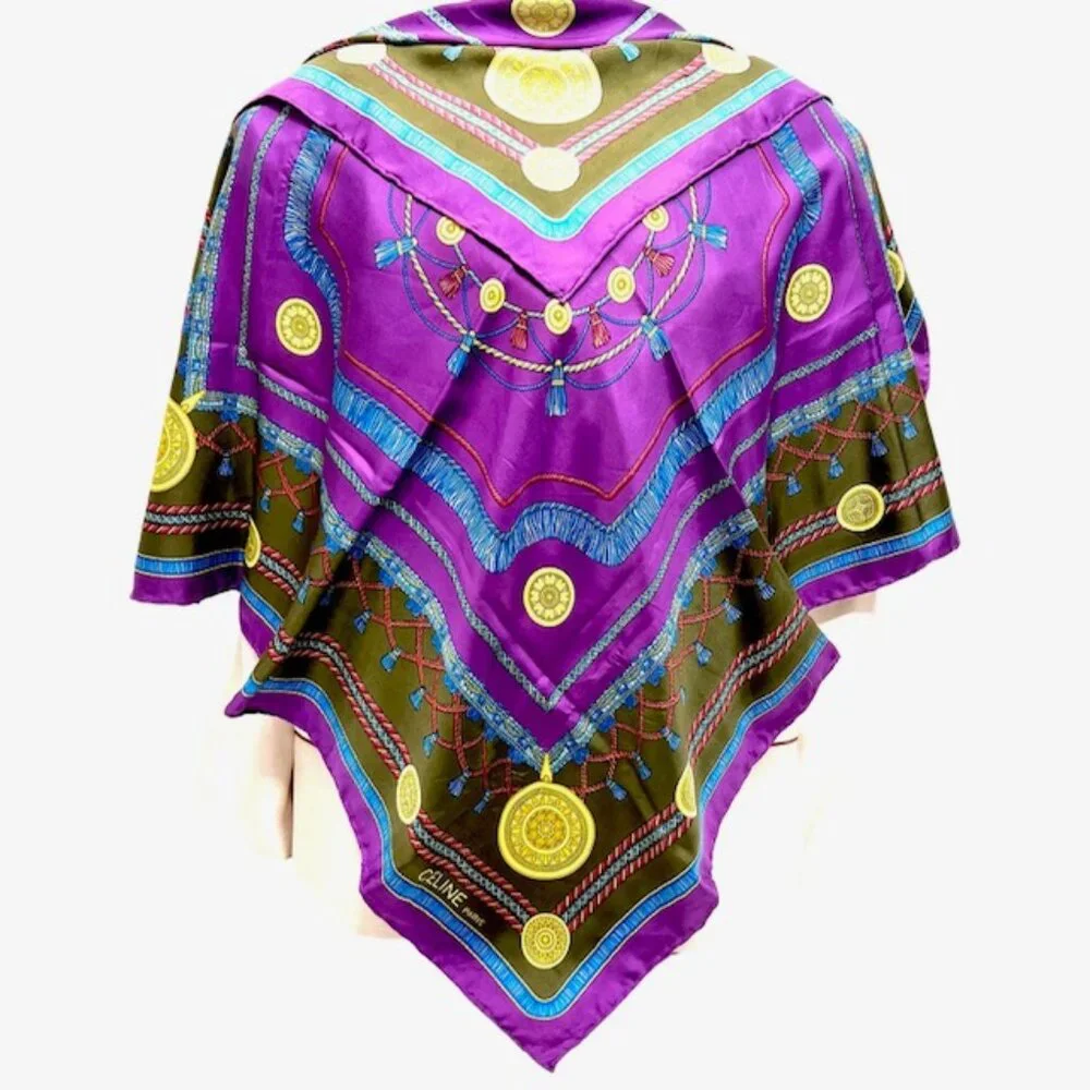 Vgt Celine Paris 100% Silk Scarf Satin 32" purple blue olive red twine tassel(44 - Picture 6 of 15